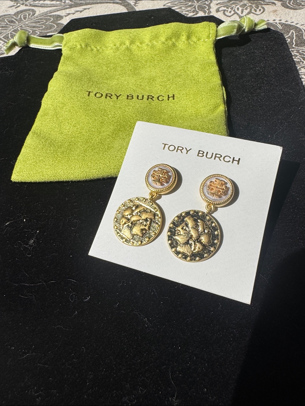 Tory Burch Gold Coin Drop Earrings with Embossed Medallions